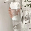 A hand holds a large capacity transparent sports water bottle with a white cap against a light background.