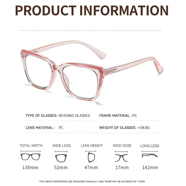 Une paire de lunettes multifocales photochromiques roses à monture transparente, sur fond blanc.