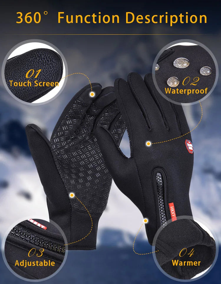 Gants de vélo et de sport en polaire noire, imperméables, avec écran tactile et ajustement