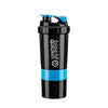 Black and blue portable protein shaker cup with a blue cap.