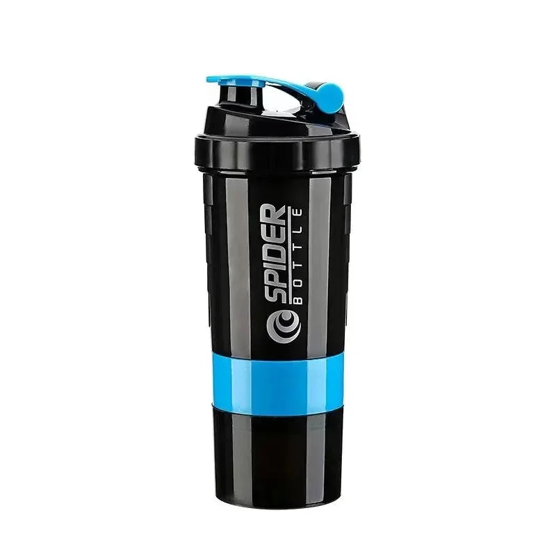 Black and blue portable protein shaker cup with a blue cap.