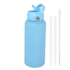 A light blue stainless steel vacuum flask water bottle with a hinged lid and an attached metal straw.