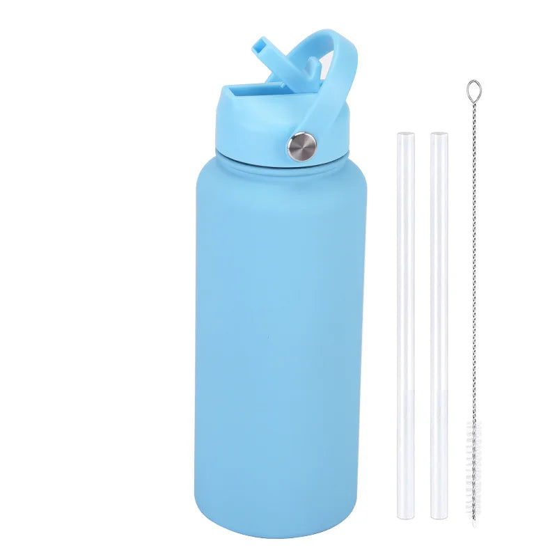 A light blue stainless steel vacuum flask water bottle with a hinged lid and an attached metal straw.