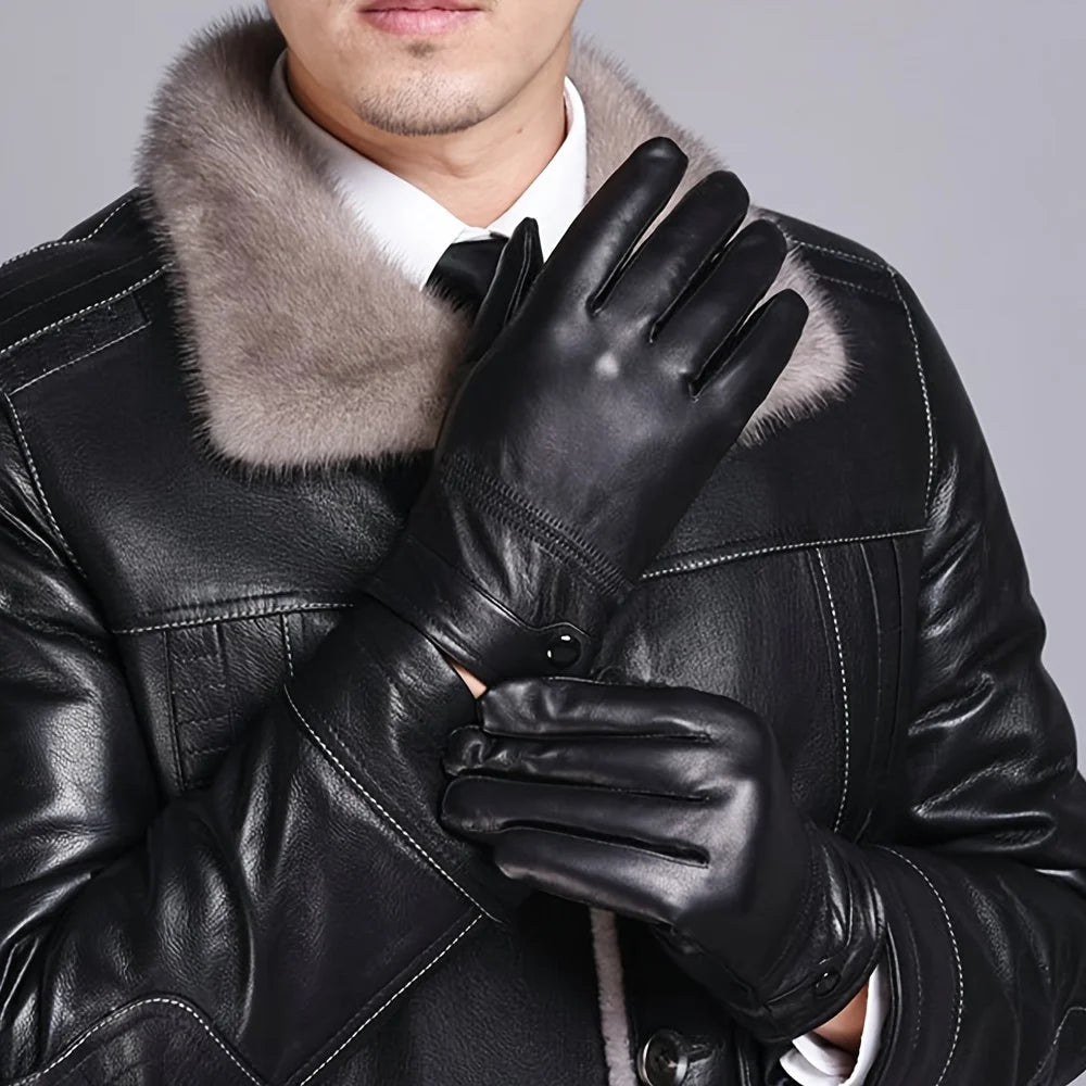 Un homme en veste en cuir noire et chemise blanche à col de fourrure, tenant des gants d'hiver en cuir noir.