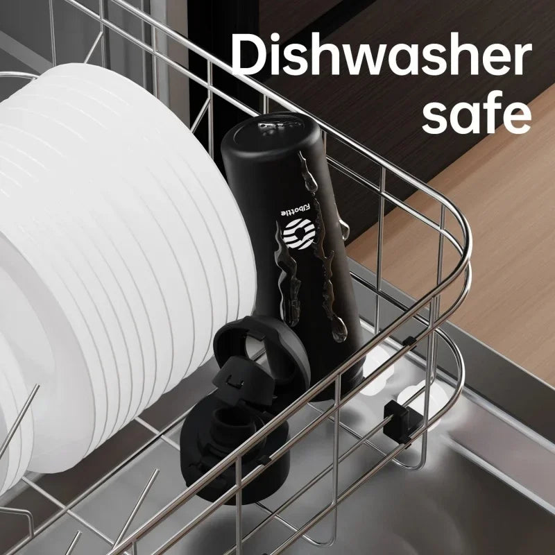 A black insulated stainless steel sports water bottle with a magnetic lid stored in a metal dishwasher safe rack.