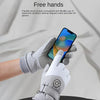 A hand wearing gray touchscreen gloves is using a smartphone, demonstrating the flexible use of electronic products.
