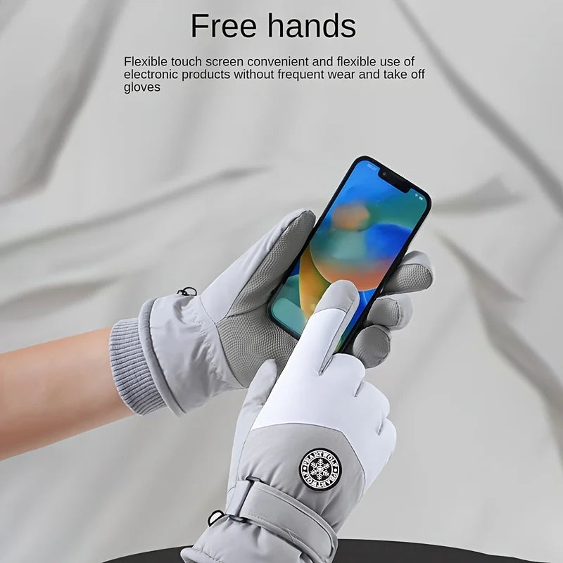 A hand wearing gray touchscreen gloves is using a smartphone, demonstrating the flexible use of electronic products.