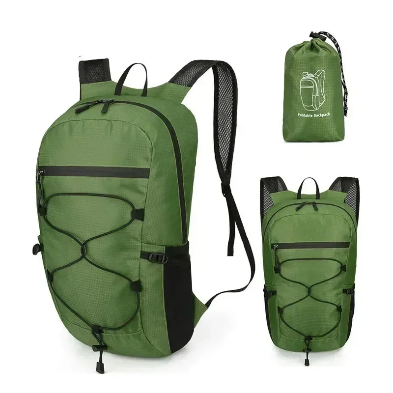 A green waterproof outdoor hiking backpack shown in three views.