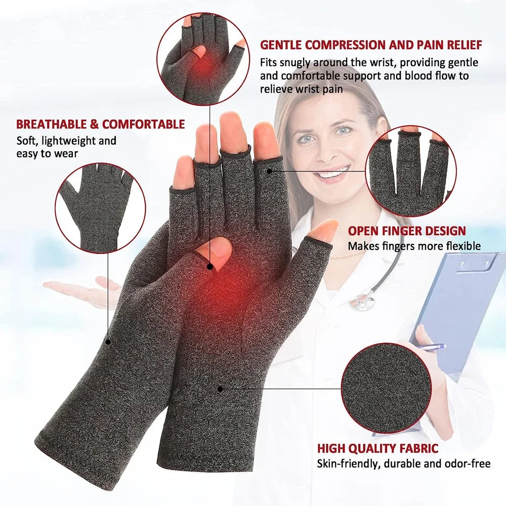 A woman is wearing black compression hand gloves, demonstrating their fit and features for joint relief.