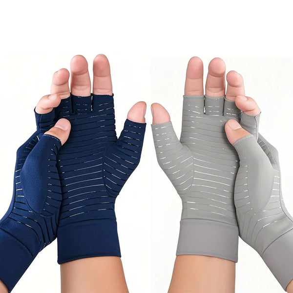 A pair of comfortable copper compression gloves in navy blue and gray are shown on hands.