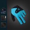 A bright blue and black 3-finger snooker pool glove shown against a dark background.