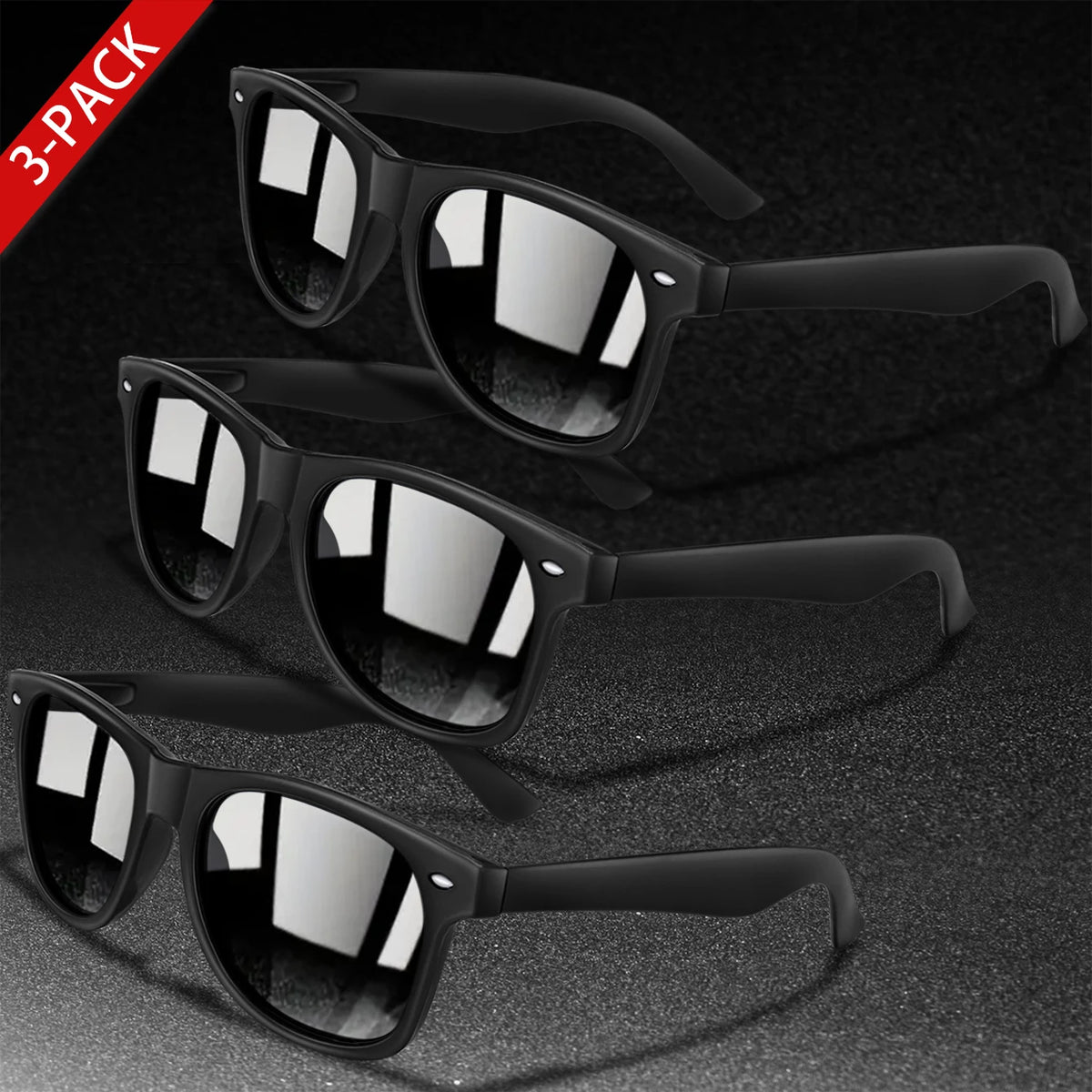 A 3-pack of black retro style UV protection sunglasses displayed on a dark surface.