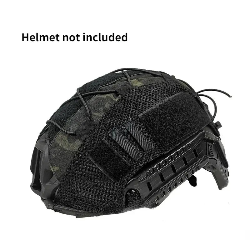 Black tactical helmet cover with camouflage pattern, shown from the top.