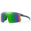 A pair of green-tinted polarized cycling sunglasses with blue arms and a purple dragon design.