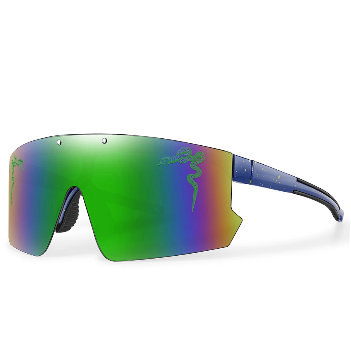 A pair of green-tinted polarized cycling sunglasses with blue arms and a purple dragon design.