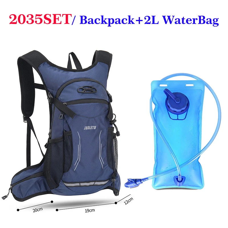 A blue hydration backpack and a separate 2-liter water bag are shown side by side.
