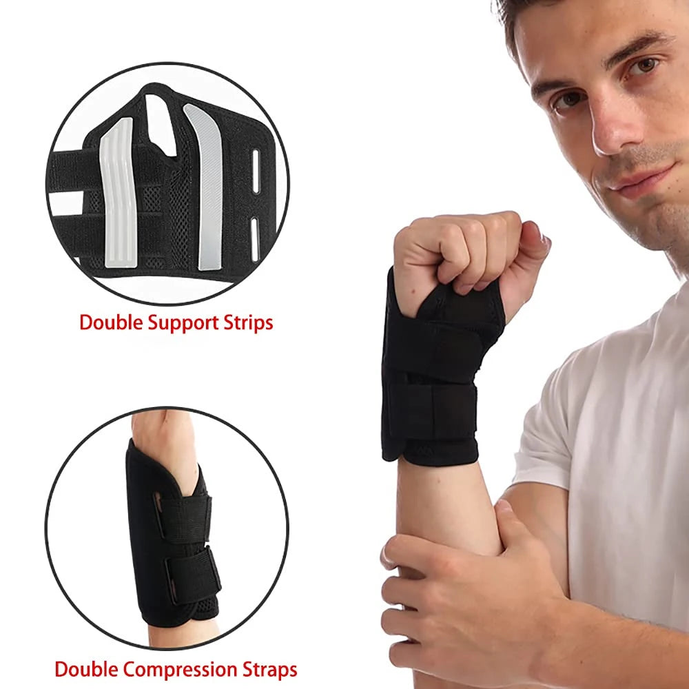 A man wearing a black wrist support brace with double support strips and double compression straps on his forearm.