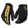 A pair of black motocross and off-road cycling gloves with yellow accents shown against a white background.