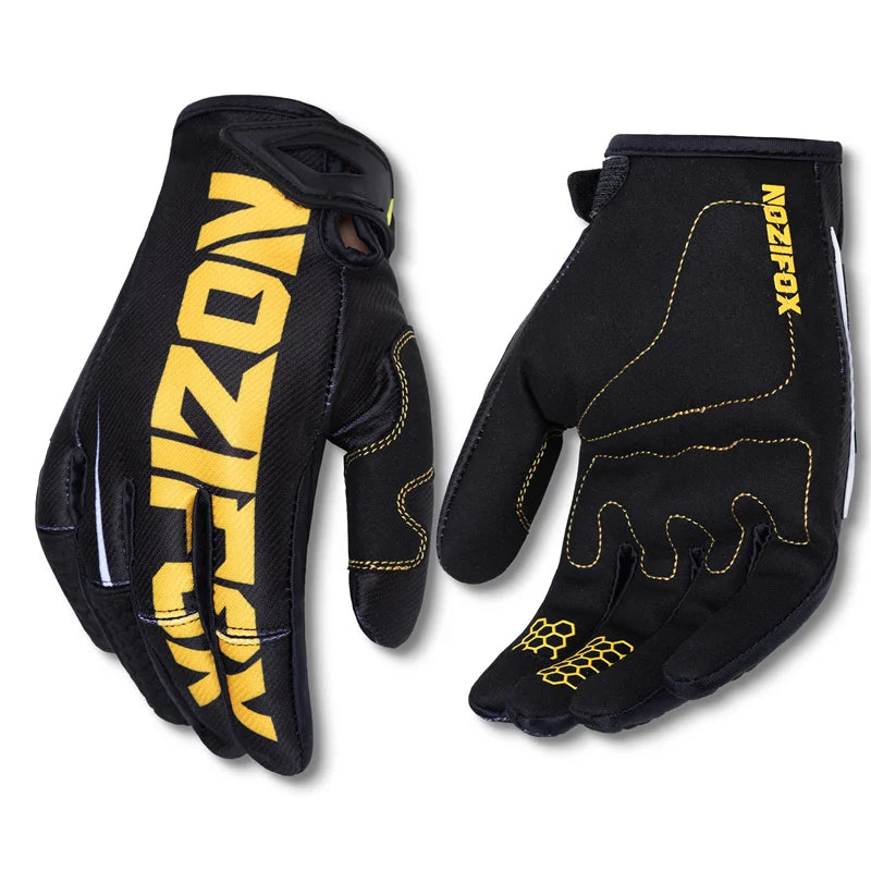 A pair of black motocross and off-road cycling gloves with yellow accents shown against a white background.