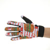 A pair of colorful patterned motorcycle and MTB gloves worn on a hand.