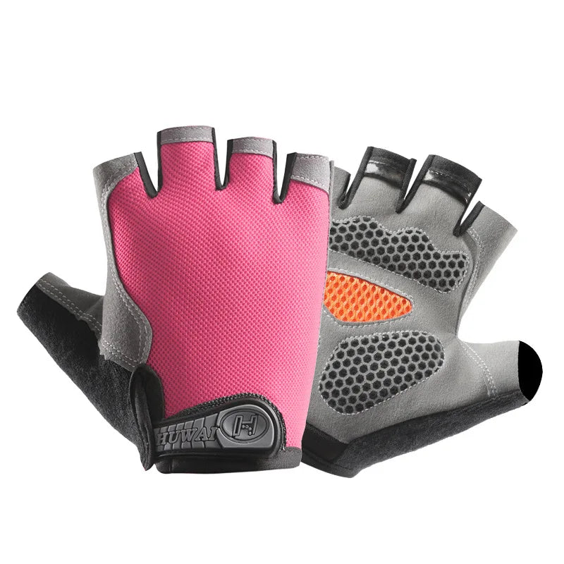 A pair of pink and gray breathable anti-slip fingerless gloves for sports and outdoor activities.
