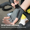 Close-up of a hand wearing a gray wrist hook and loop glove for automatic adjustment.