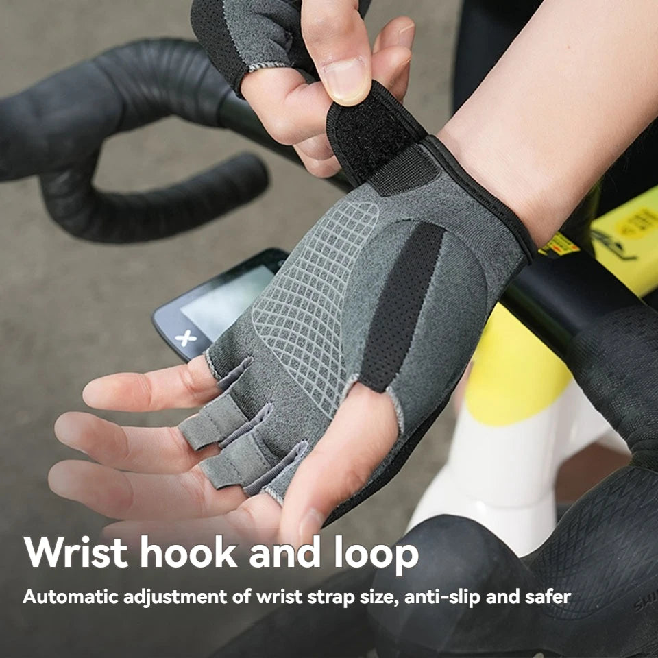 Close-up of a hand wearing a gray wrist hook and loop glove for automatic adjustment.