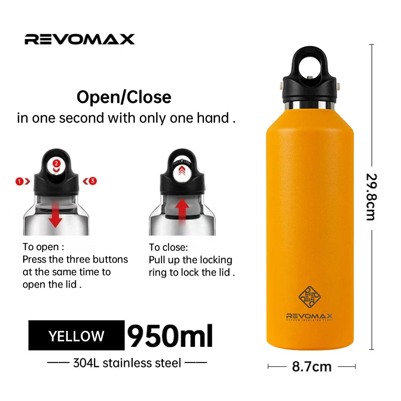 Yellow Revomax 950ml double-wall insulated stainless steel thermos showing open and close mechanisms