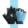 A pair of light blue breathable half-finger sport gloves shown against a light blue background.