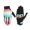 A pair of colorful motorcycle and MTB gloves featuring neon pink, yellow, and green gradient colors.