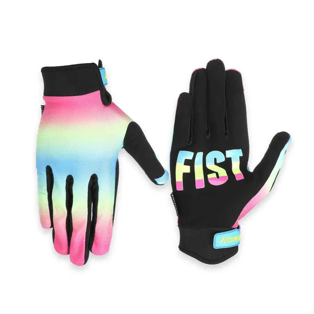 A pair of colorful motorcycle and MTB gloves featuring neon pink, yellow, and green gradient colors.