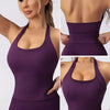 A purple seamless sports camisole set for yoga and fitness shown in various angles.