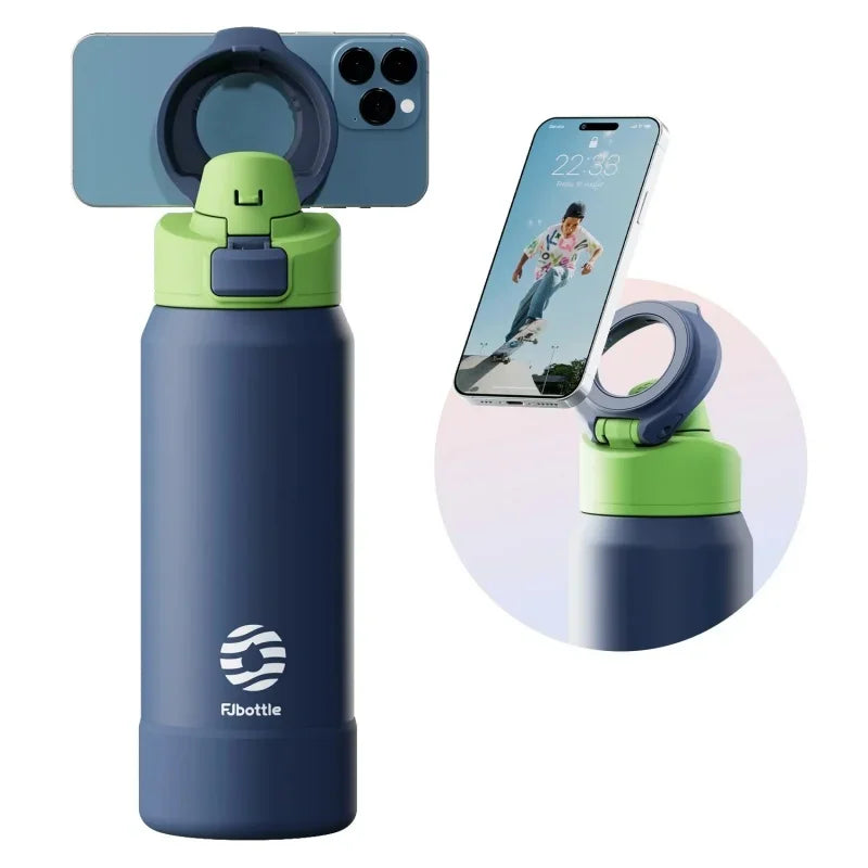 A blue insulated sports water bottle with a magnetic lid and a smartphone displaying a fitness app.