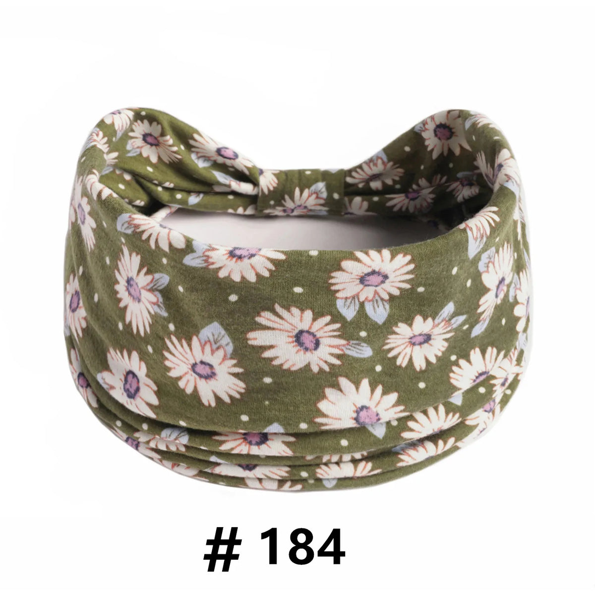 Bandeau en tissu floral vert, noué en nœud pour yoga ou sport.