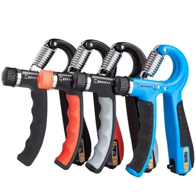 A set of blue and black adjustable hand grip strengtheners for forearm and finger exercise.