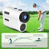 A man is using a REVASRI laser rangefinder to measure distance on a golf course.