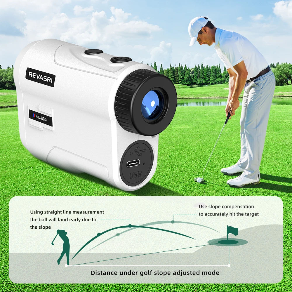 A man is using a REVASRI laser rangefinder to measure distance on a golf course.