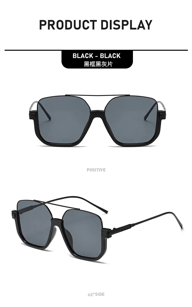 Black double beam sunglasses shown in a positive view and a 45-degree side angle.