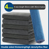 A stack of four gray microfiber car cleaning towels and one blue towel are shown.