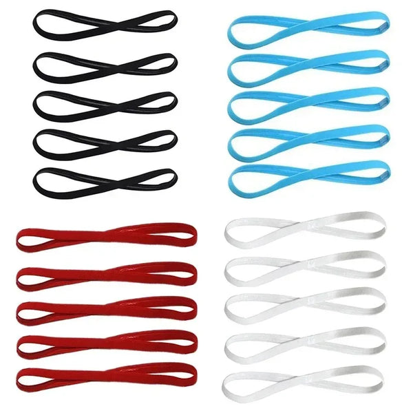 Un paquete de cinco bandas deportivas elásticas de silicona en colores negro, azul y rojo.