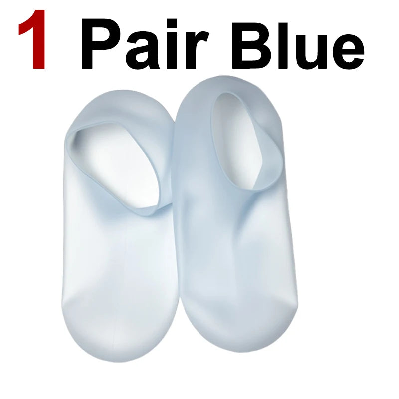 One pair of blue silicone moisturizing socks for cracked feet.