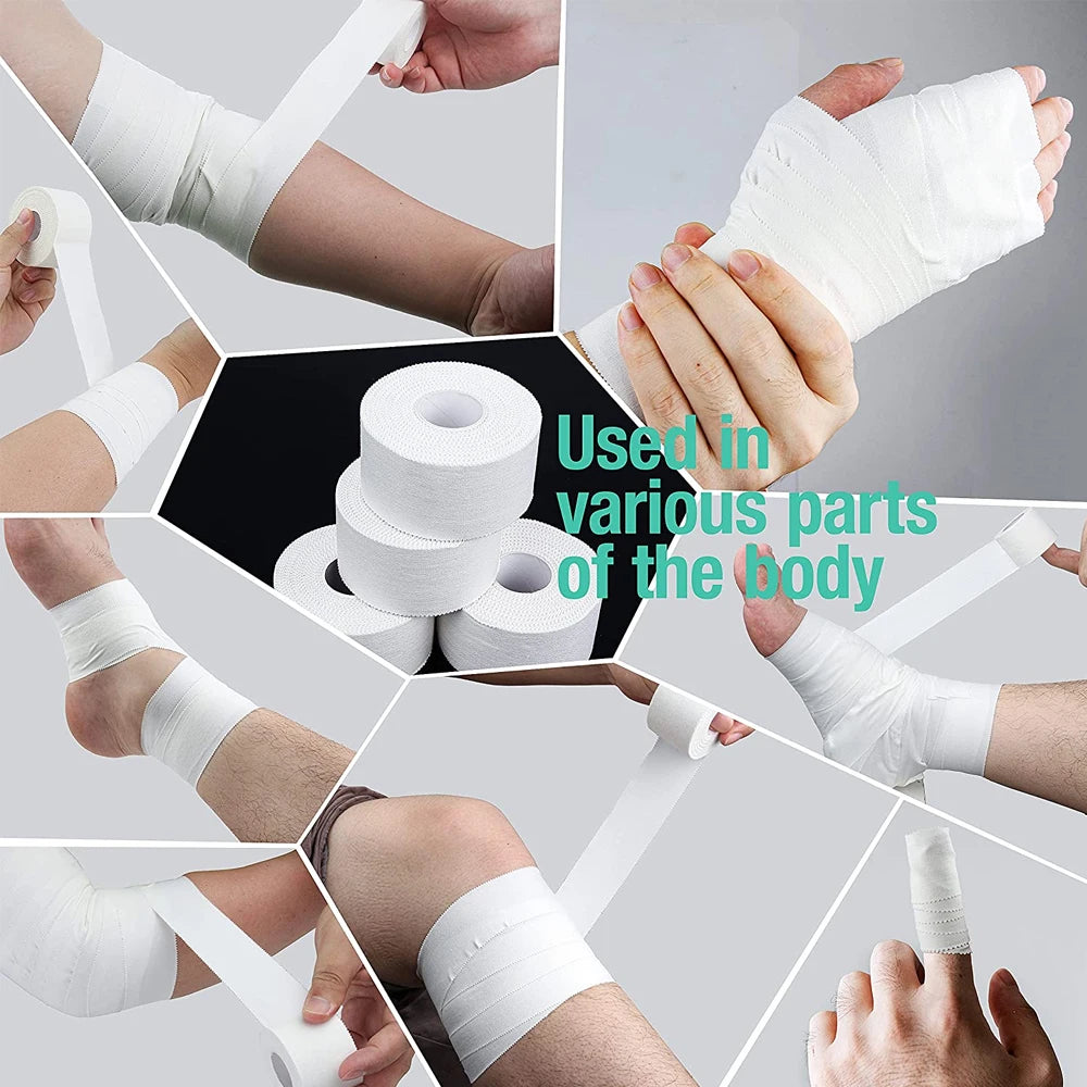 Hands applying white athletic support tape to various parts of the body, including arms and legs.