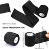 Rolls of black self-adhesive tattoo grip tape showing various sizes and stretch length