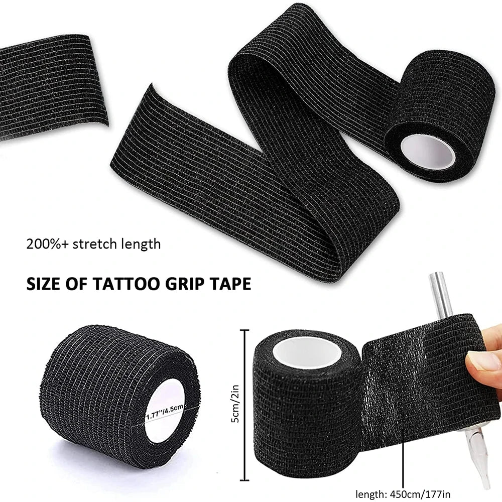 Rolls of black self-adhesive tattoo grip tape showing various sizes and stretch length