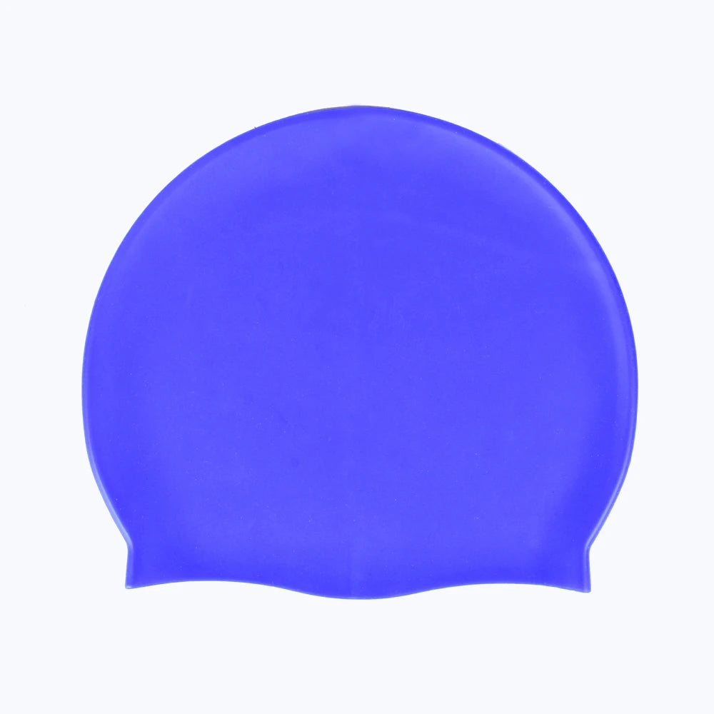 A bright blue waterproof silicone swimming cap viewed from the side.