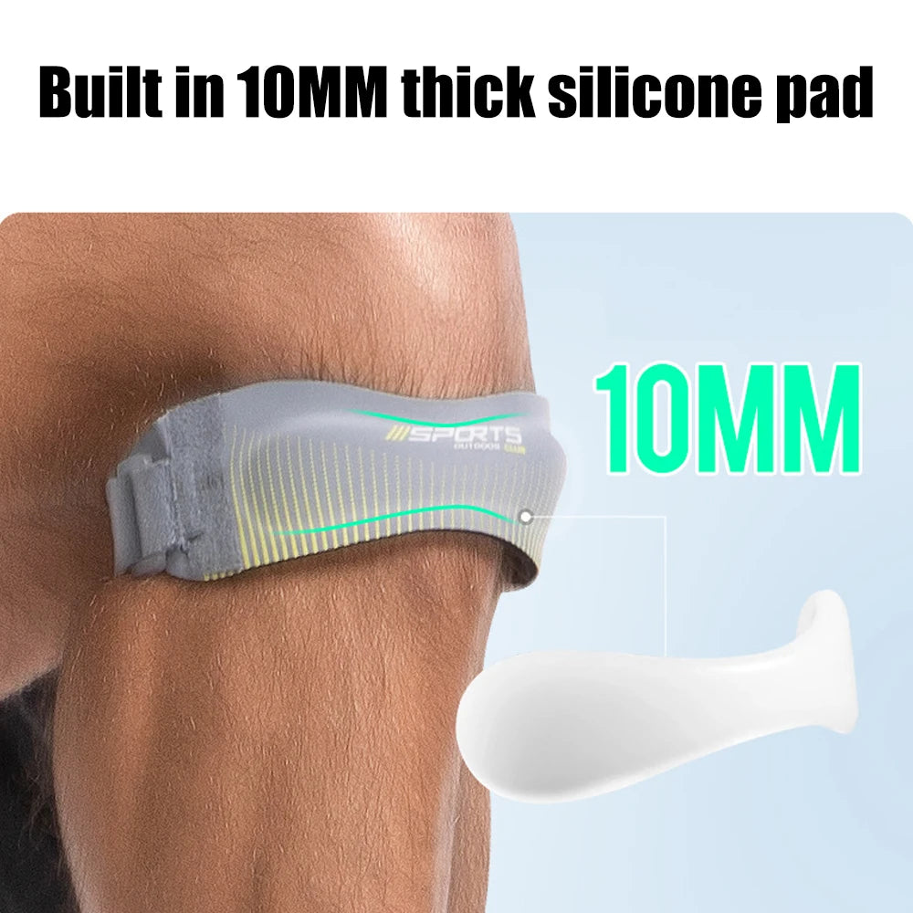 A gray patellar tendon support strap is shown on a person's knee, highlighting its 10MM thick silicone pad.