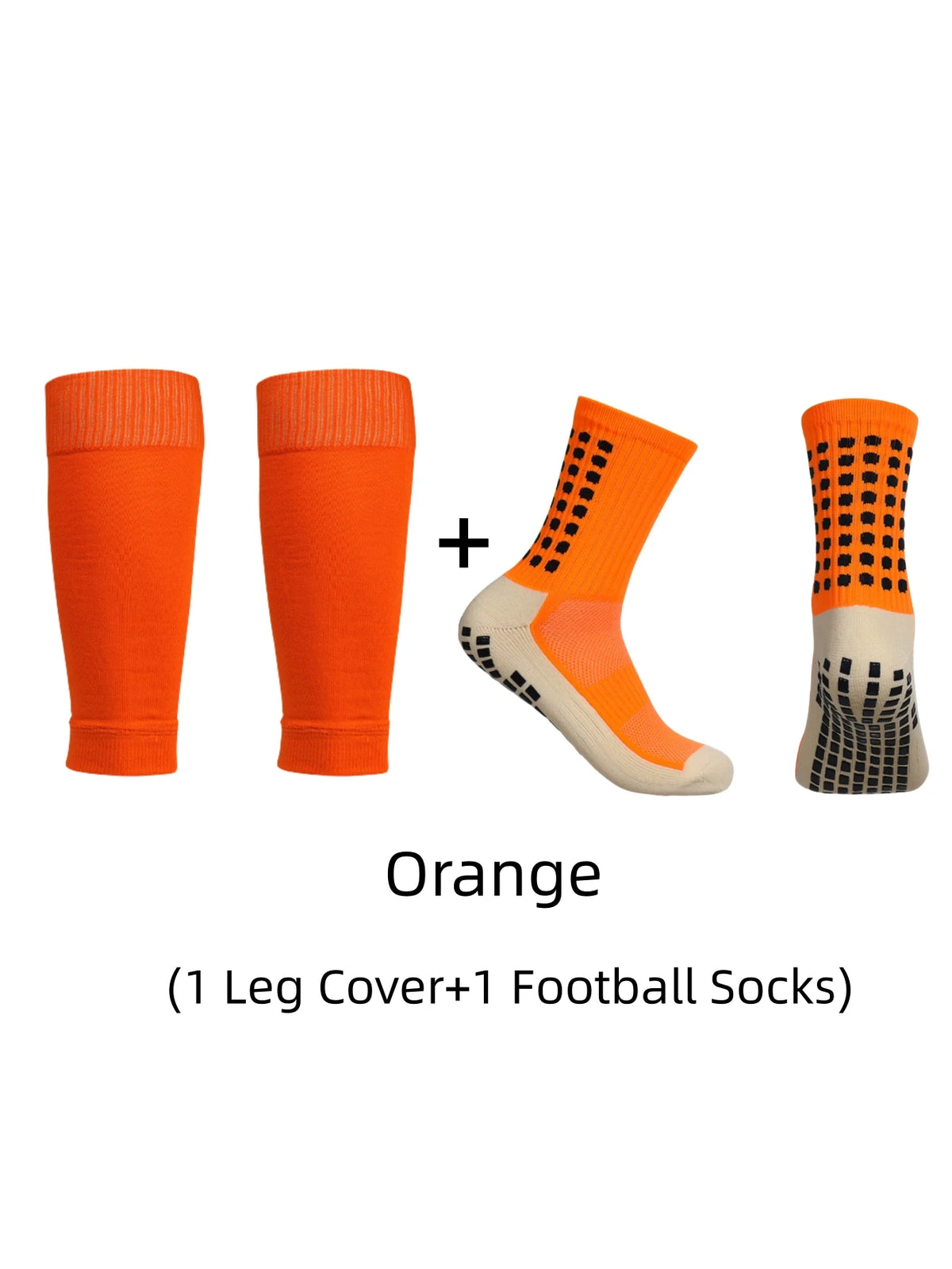Orange anti-slip football socks and leg cover set featuring bright orange color.