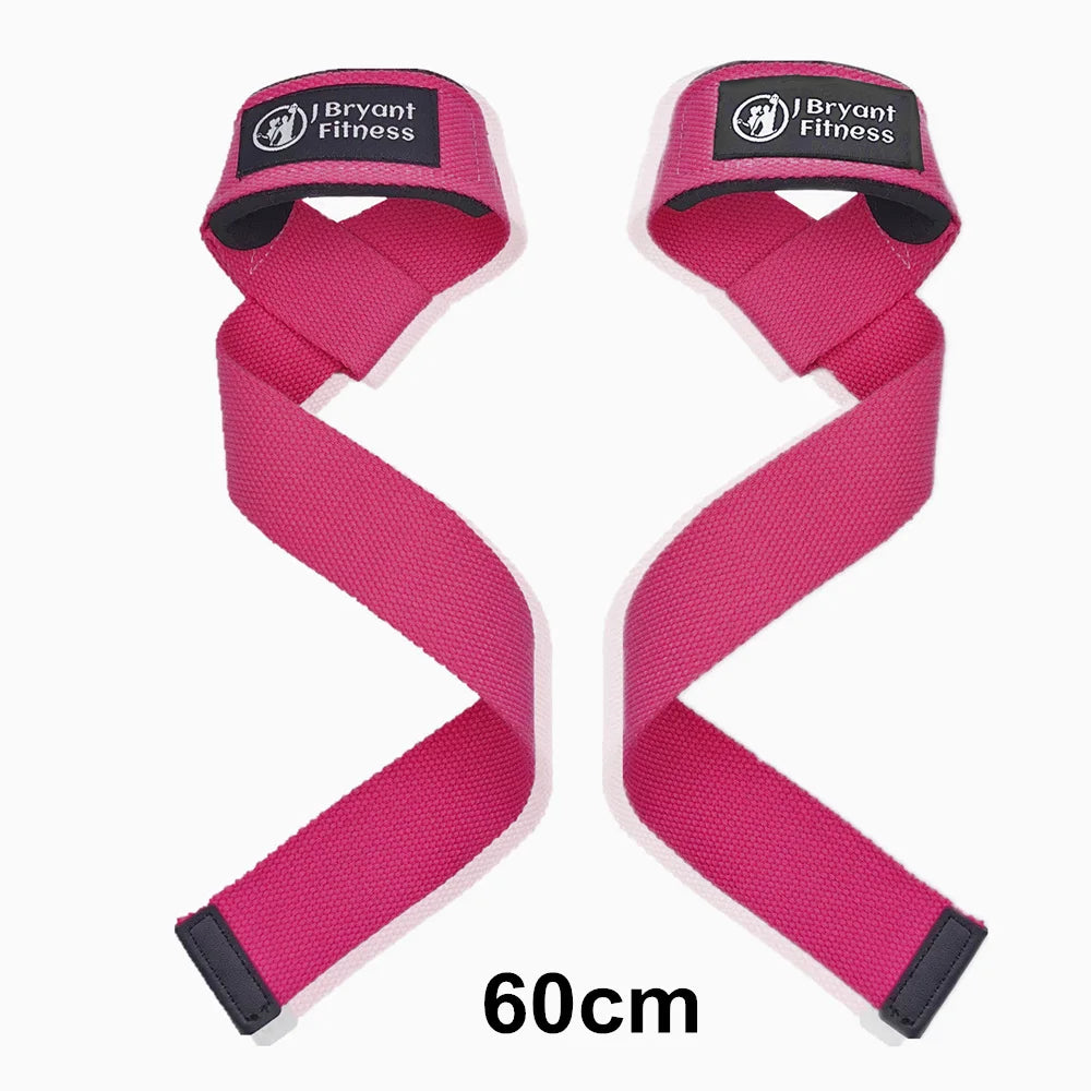 A pair of pink gym wrist straps with Bryant Fitness branding shown against a white background.