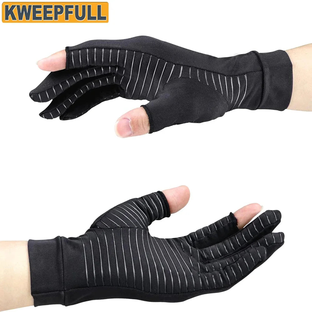 Black compression gloves for arthritis relief shown on a hand.
