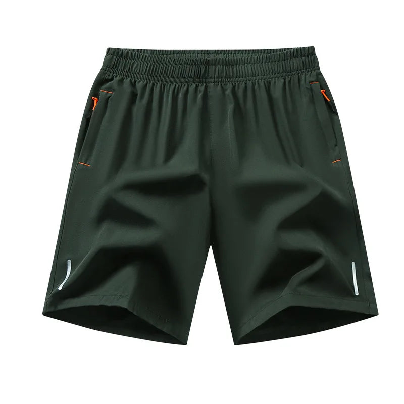 Dark green men's lightweight quick-dry running shorts shown flat lay